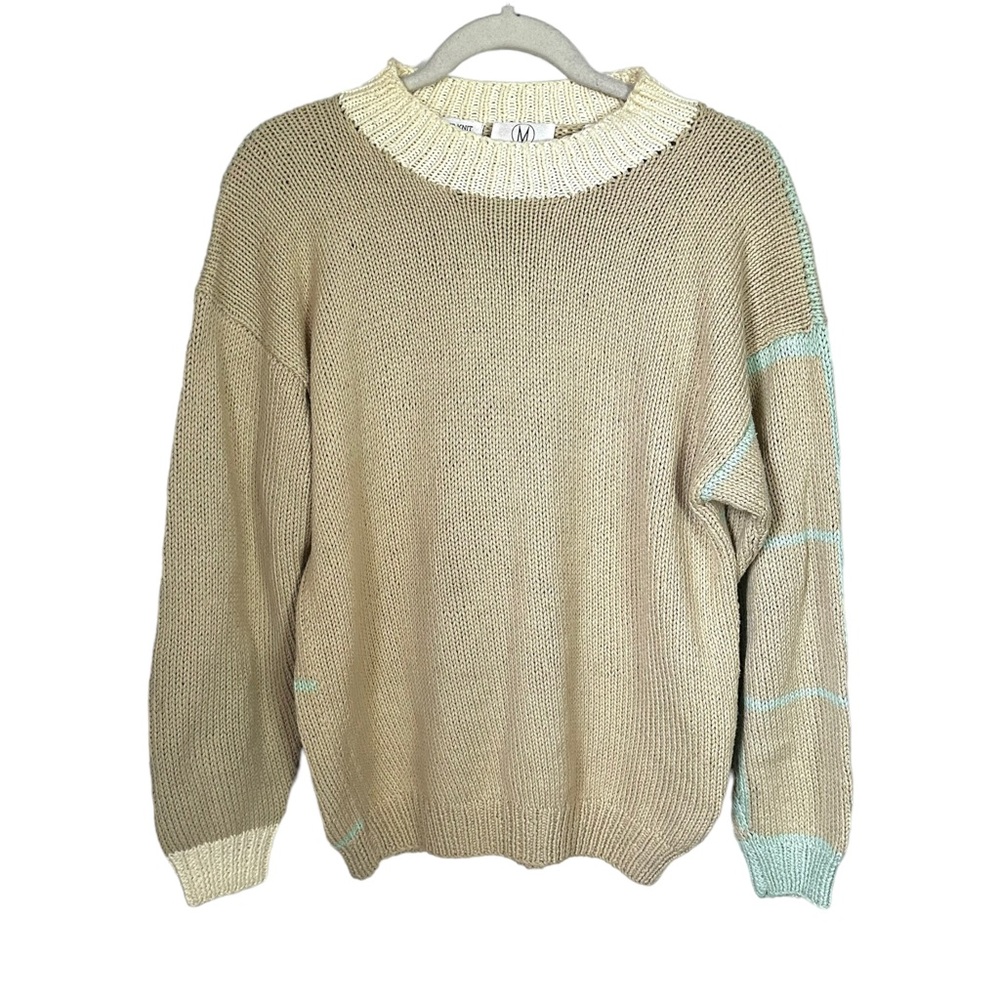 Anne Mieke For Men Sz S Cream Blue Vintage Hand Knit Sweater 100% Cotton